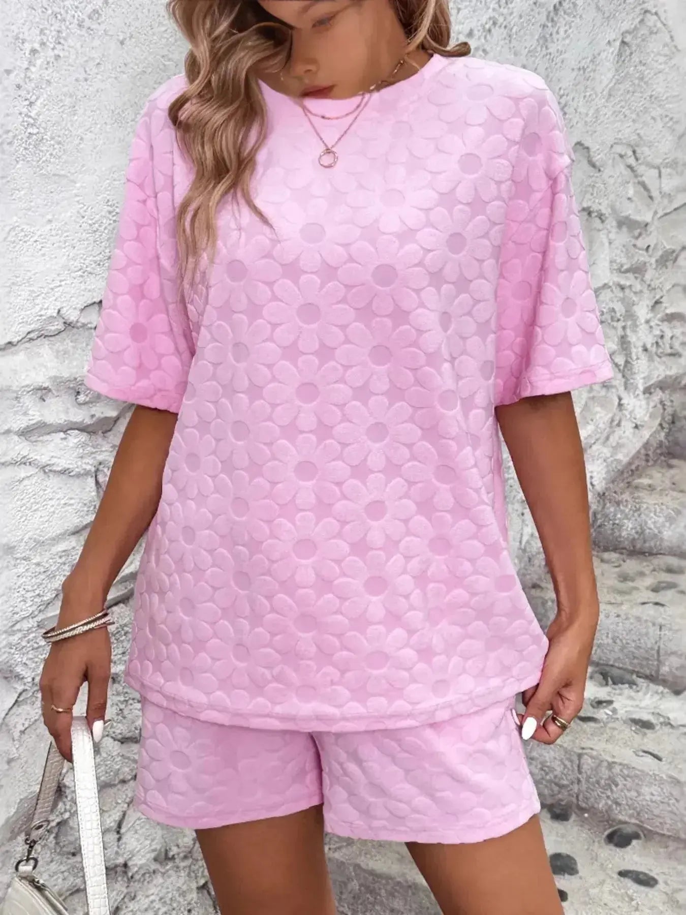 Flower Round Neck Top and Shorts Lounge Set - Plush Fashion Hub