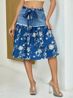 Floral Denim Skirt with Frayed Hem Detail - Plush Fashion Hub