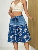 Floral Denim Skirt with Frayed Hem Detail - Plush Fashion Hub