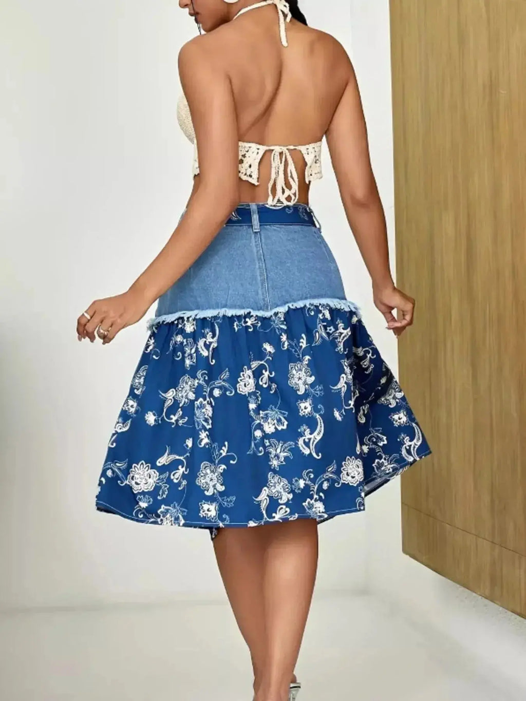 Floral Denim Skirt with Frayed Hem Detail - Plush Fashion Hub