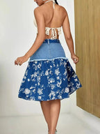Floral Denim Skirt with Frayed Hem Detail - Plush Fashion Hub