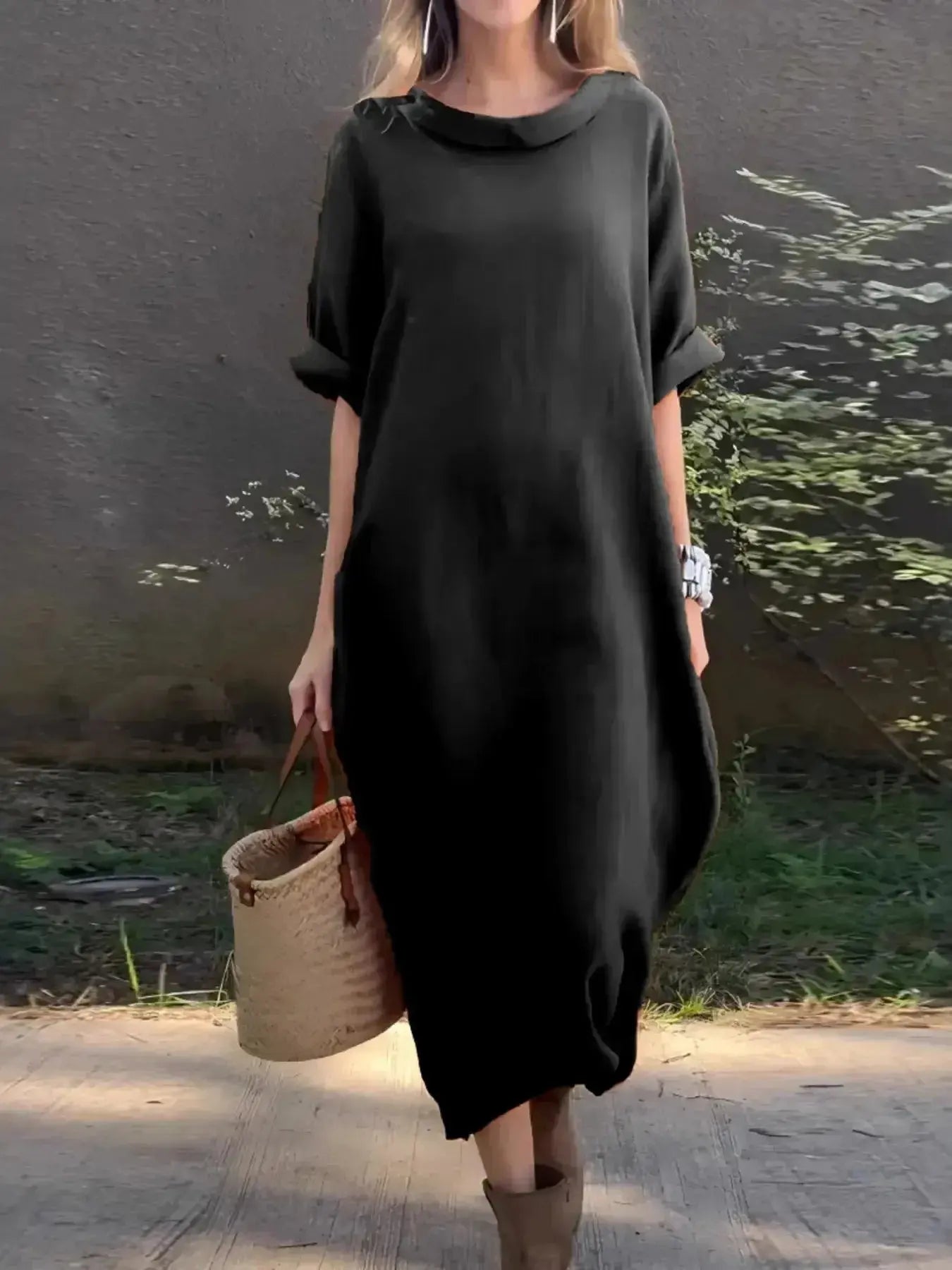 Full-length casual loose fit round neck midi dress with pockets by Plush Fashion Hub, plus size, in a soft, comfortable fabric.