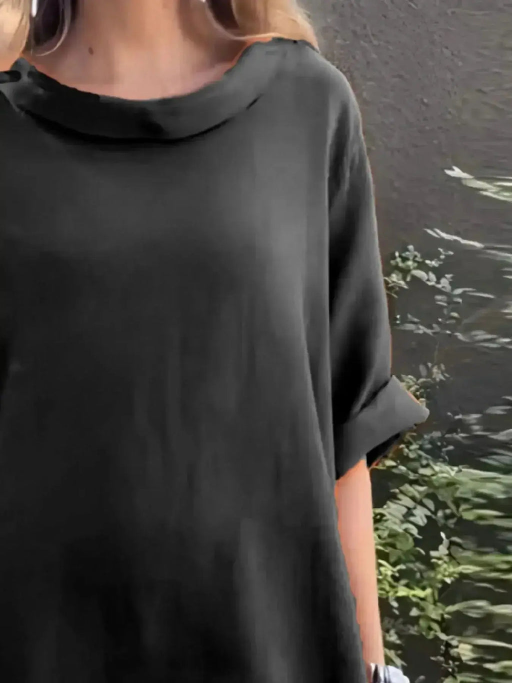 Full-length image of Plush Fashion Hub casual loose fit round neck midi dress with pockets, showcasing its relaxed style and comfortable fit.