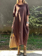 Full-length plush fashion hub casual loose fit round neck midi dress with pockets, plus size, comfortable and stylish for everyday wear.