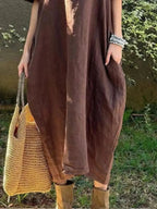 Full-length plush fashion hub casual loose-fit round neck midi dress with pockets, plus size, in soft fabric.