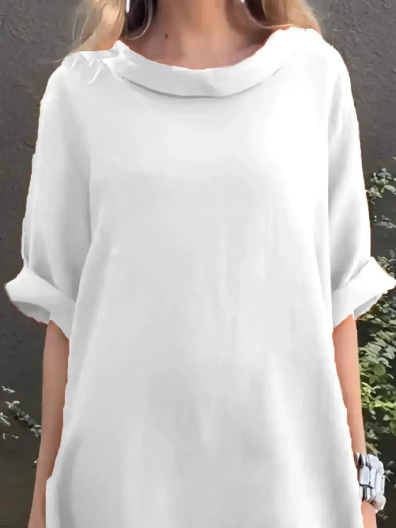 Plus size casual loose fit round neck midi dress with pockets by Plush Fashion Hub, shown in a full-length view.