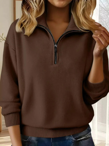 Full Size Half Zip Dropped Shoulder Sweater Plus Size - Plush Fashion Hub