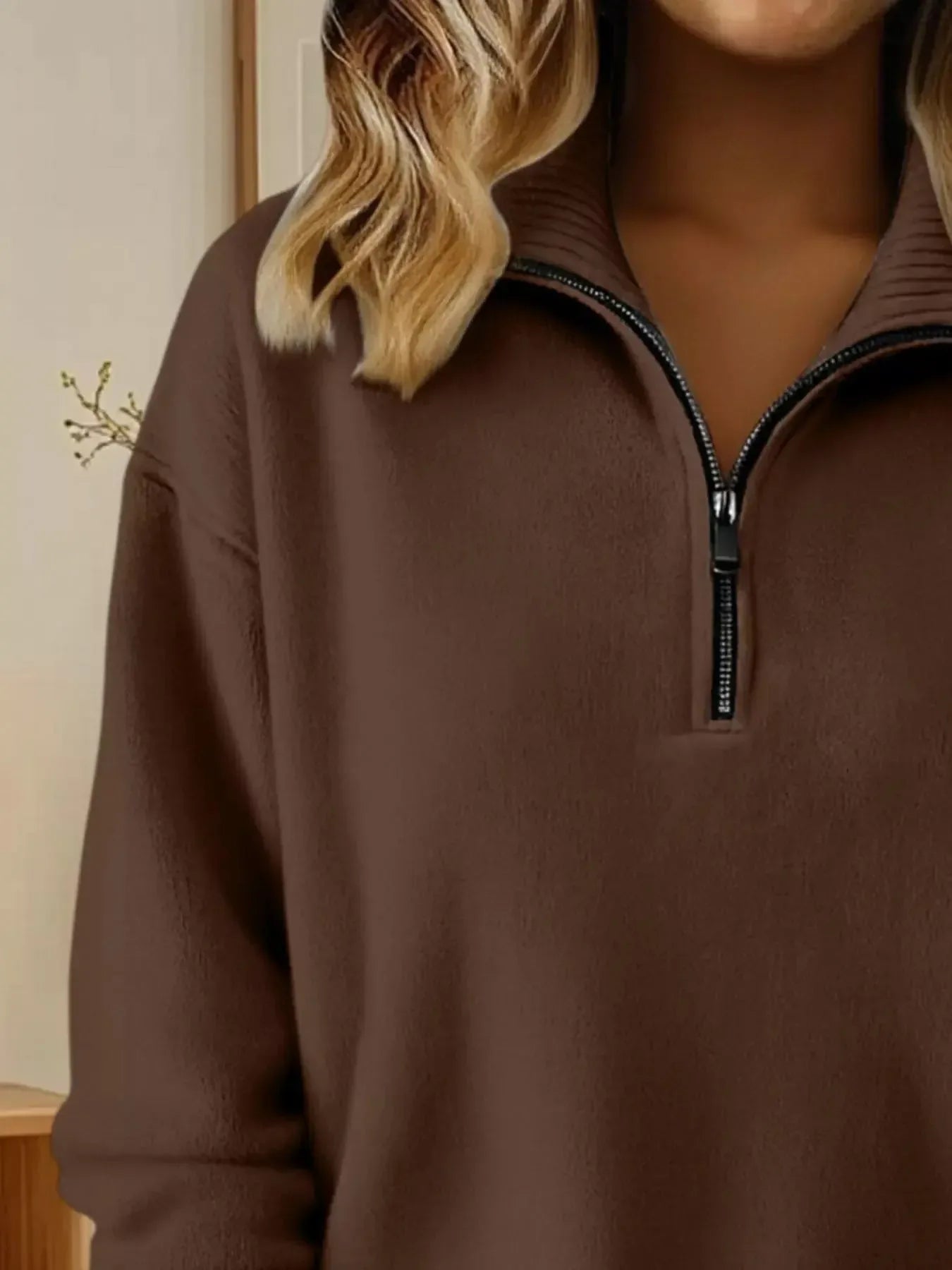 Full Size Half Zip Dropped Shoulder Sweater Plus Size - Plush Fashion Hub