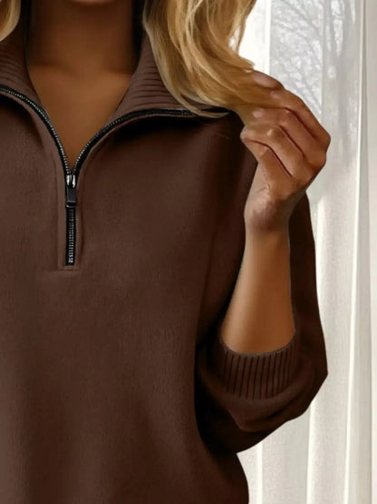 Full Size Half Zip Dropped Shoulder Sweater Plus Size - Plush Fashion Hub