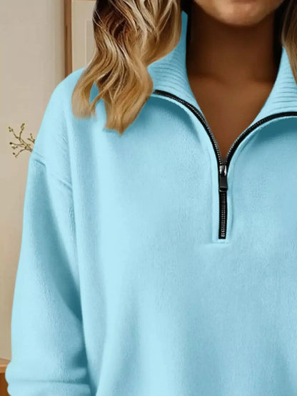 Full Size Half Zip Dropped Shoulder Sweater Plus Size - Plush Fashion Hub