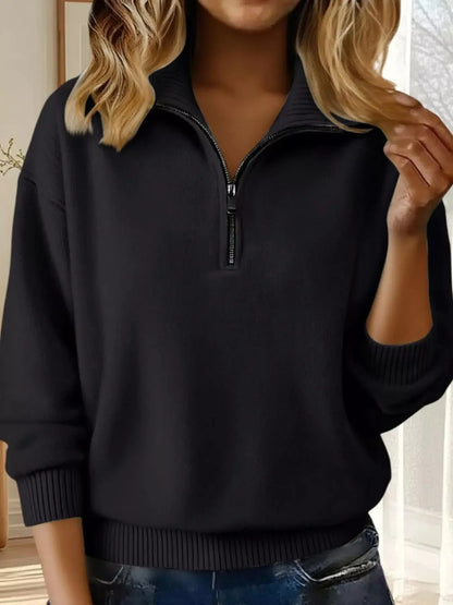 Full Size Half Zip Dropped Shoulder Sweater Plus Size - Plush Fashion Hub