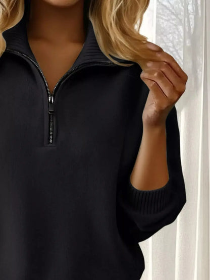 Full Size Half Zip Dropped Shoulder Sweater Plus Size - Plush Fashion Hub