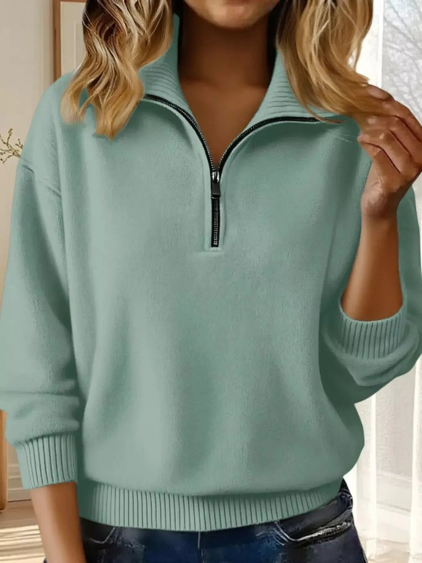 Full Size Half Zip Dropped Shoulder Sweater Plus Size - Plush Fashion Hub