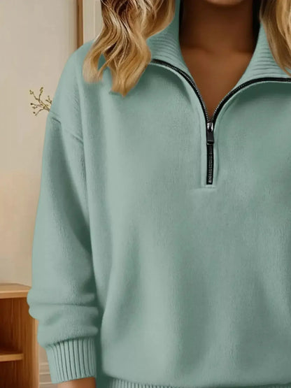 Full Size Half Zip Dropped Shoulder Sweater Plus Size - Plush Fashion Hub