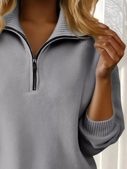 Full Size Half Zip Dropped Shoulder Sweater Plus Size - Plush Fashion Hub