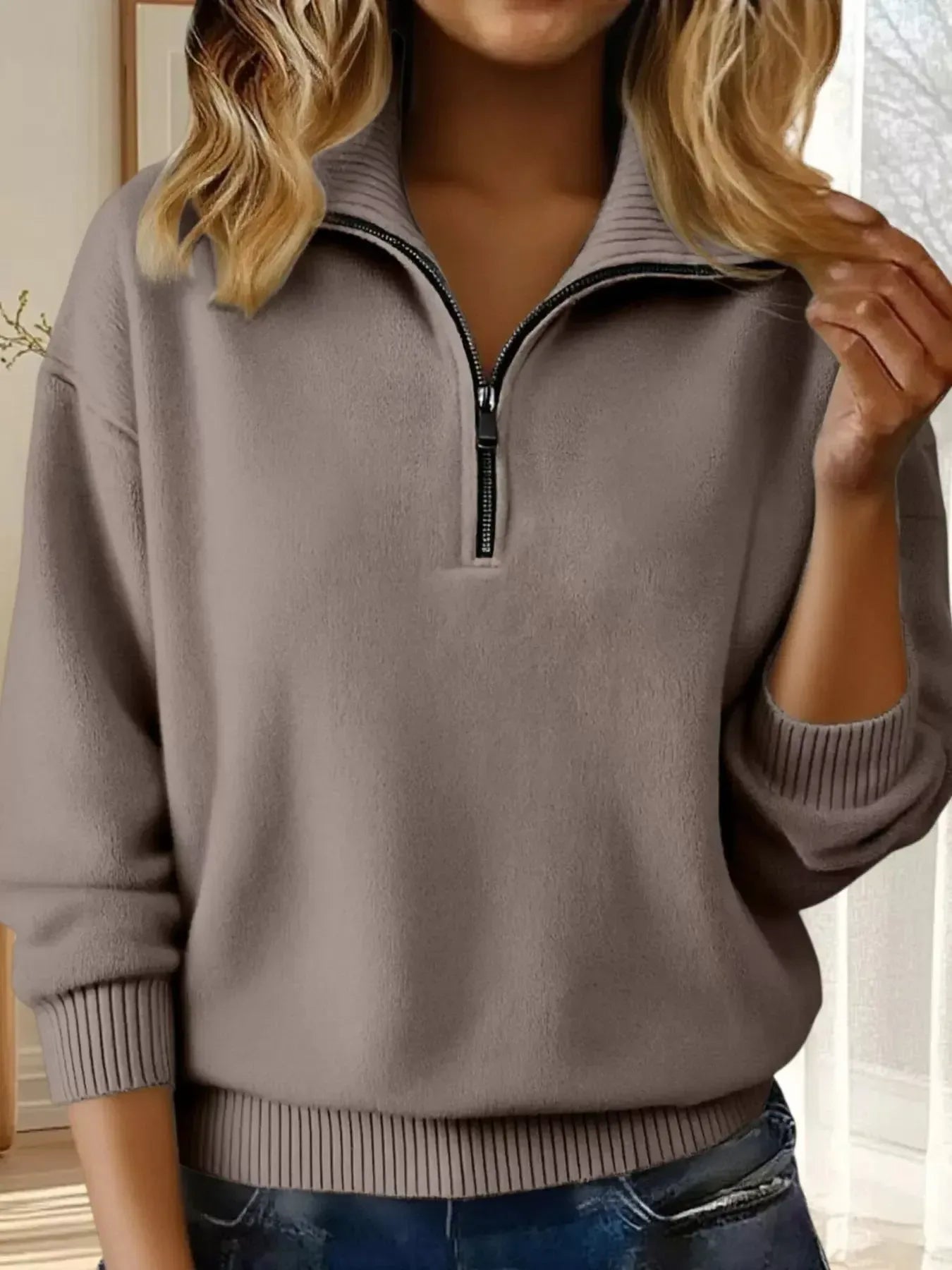 Full Size Half Zip Dropped Shoulder Sweater Plus Size - Plush Fashion Hub