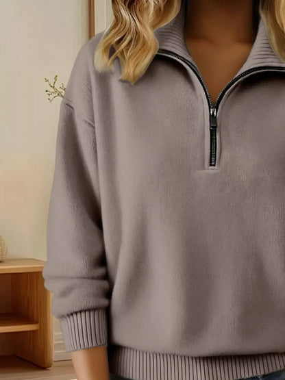 Full Size Half Zip Dropped Shoulder Sweater Plus Size - Plush Fashion Hub