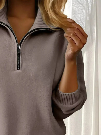 Full Size Half Zip Dropped Shoulder Sweater Plus Size - Plush Fashion Hub