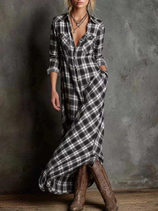 Full Size Plaid Button-Down Maxi Dress Plus Size - Plush Fashion Hub