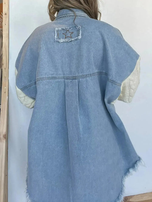 Full Size Raw Hem Button Up Patchwork Denim Jacket Plus Size - Plush Fashion Hub