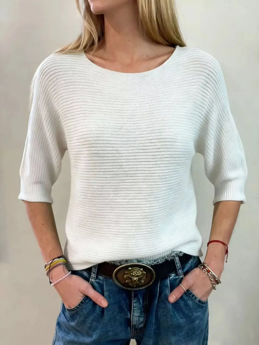 Full Size Ribbed Knit Round Neck Sweater Plus Size - Plush Fashion Hub