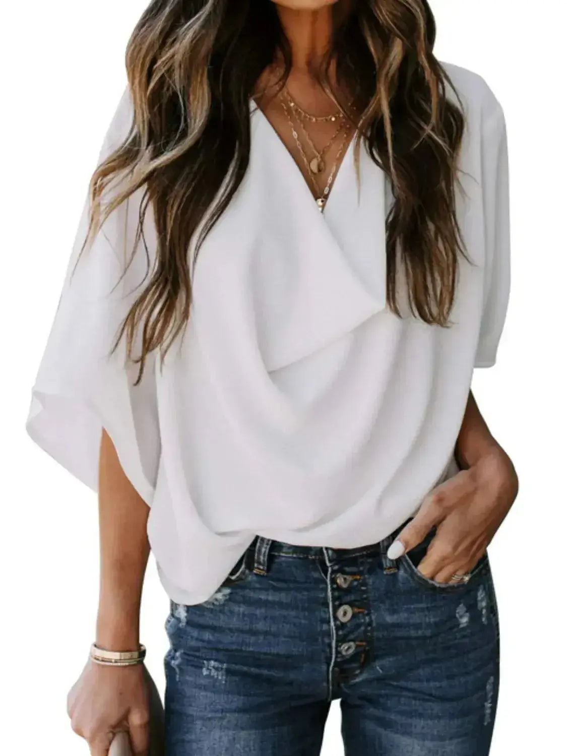 Full Size Ruched Three-Quarter Sleeve Blouse Plus Size - Plush Fashion Hub