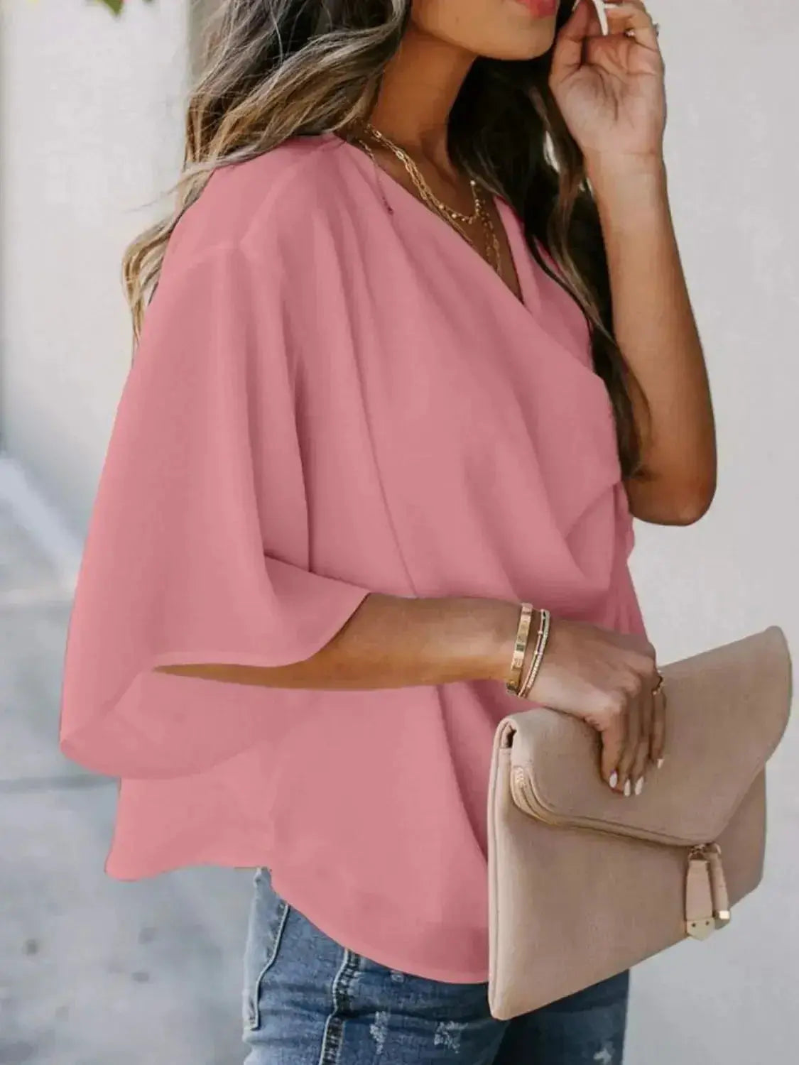 Full Size Ruched Three-Quarter Sleeve Blouse Plus Size - Plush Fashion Hub