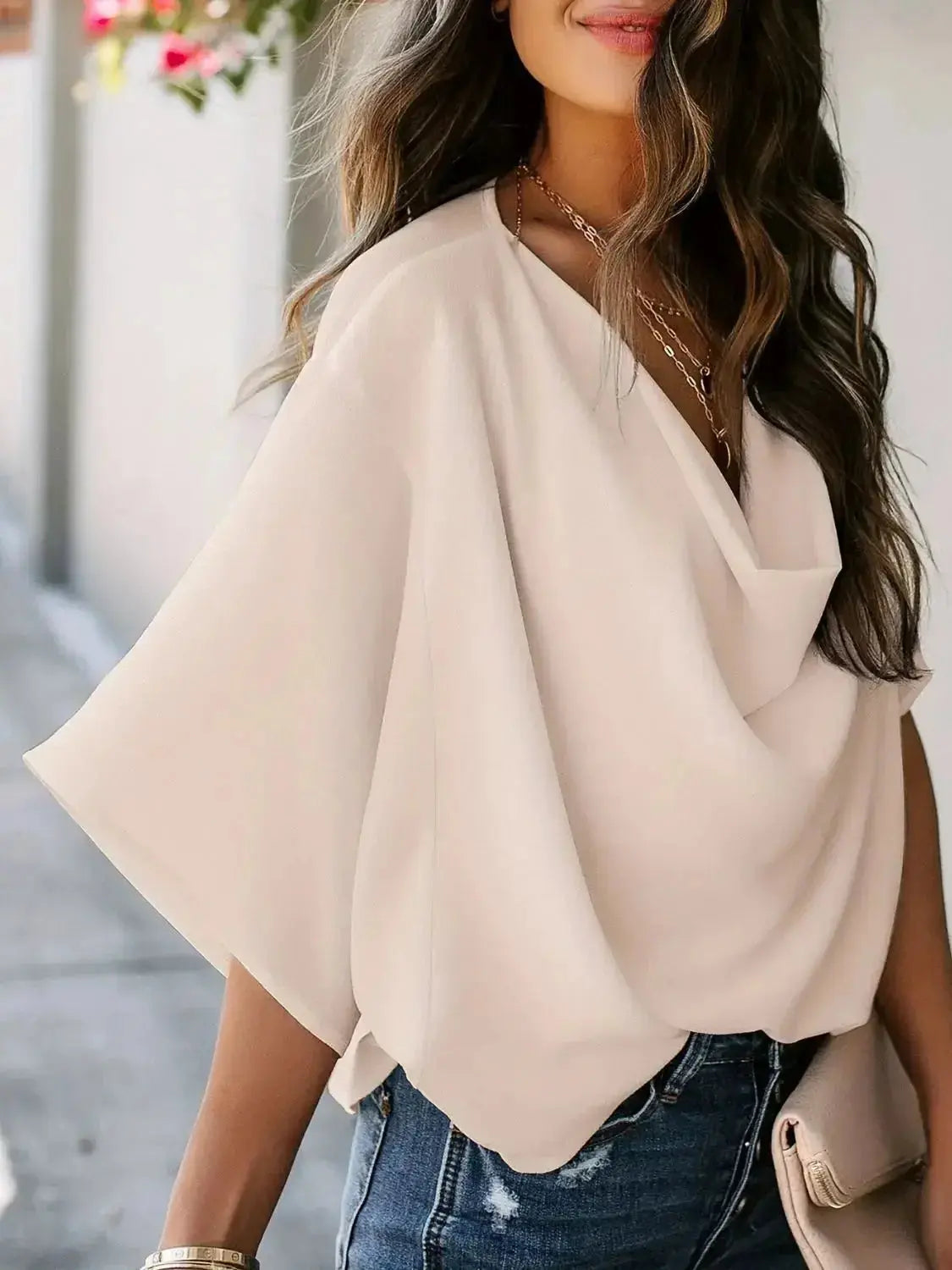 Full Size Ruched Three-Quarter Sleeve Blouse Plus Size - Plush Fashion Hub