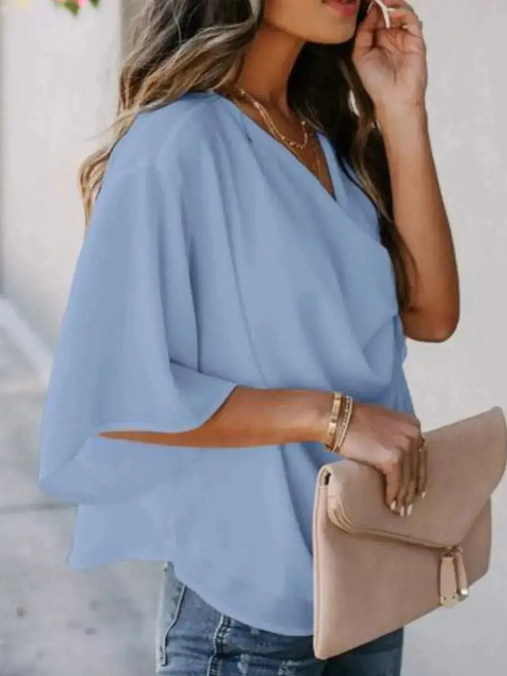 Full Size Ruched Three-Quarter Sleeve Blouse Plus Size - Plush Fashion Hub