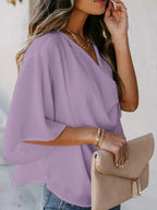 Full Size Ruched Three-Quarter Sleeve Blouse Plus Size - Plush Fashion Hub