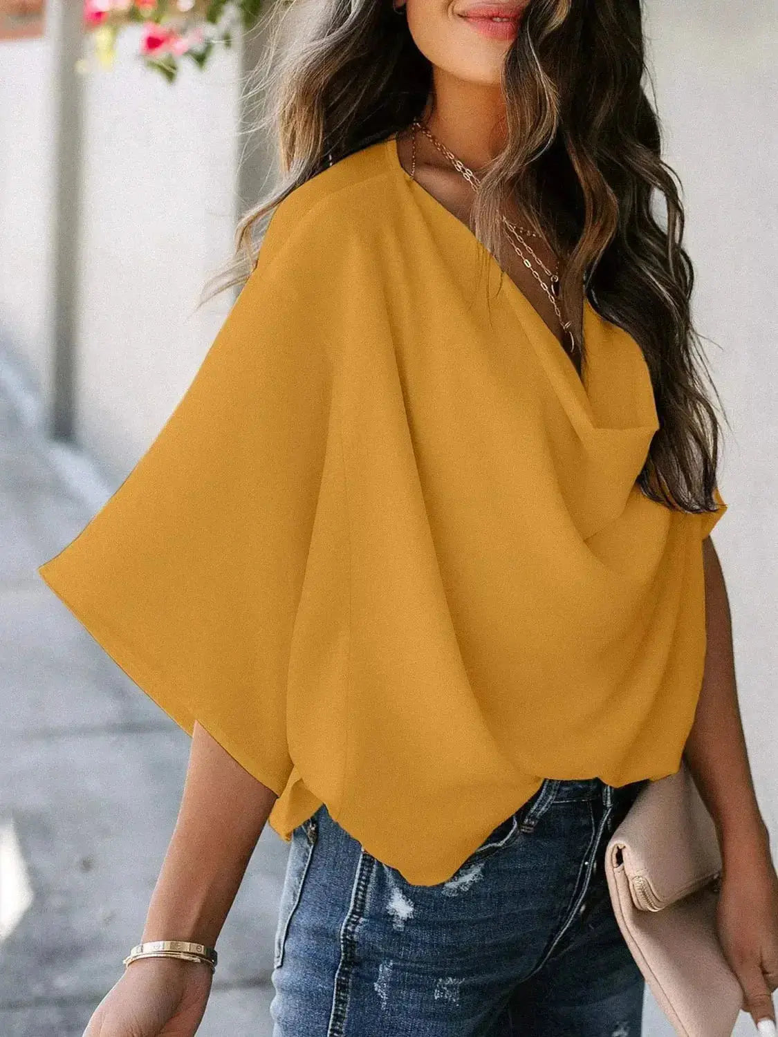 Full Size Ruched Three-Quarter Sleeve Blouse Plus Size - Plush Fashion Hub