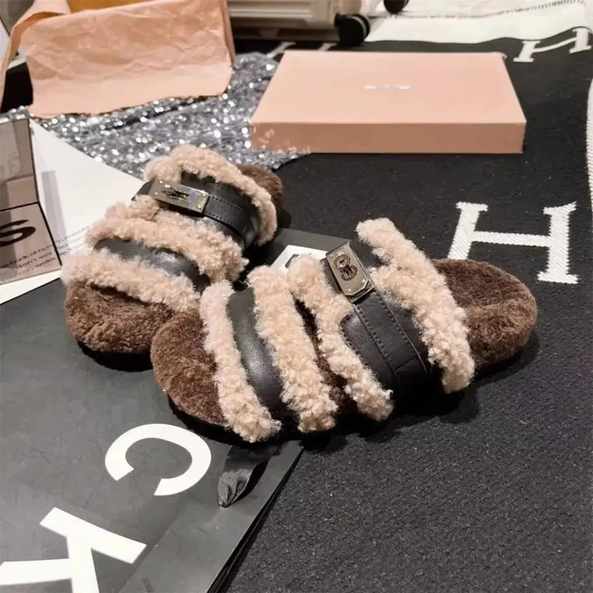 Fuzzy faux fur buckle slippers by Plush Fashion Hub with plush texture and stylish buckle accent.