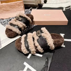 Fuzzy faux fur buckle slippers from Plush Fashion Hub with plush lining and cozy design for indoor comfort.