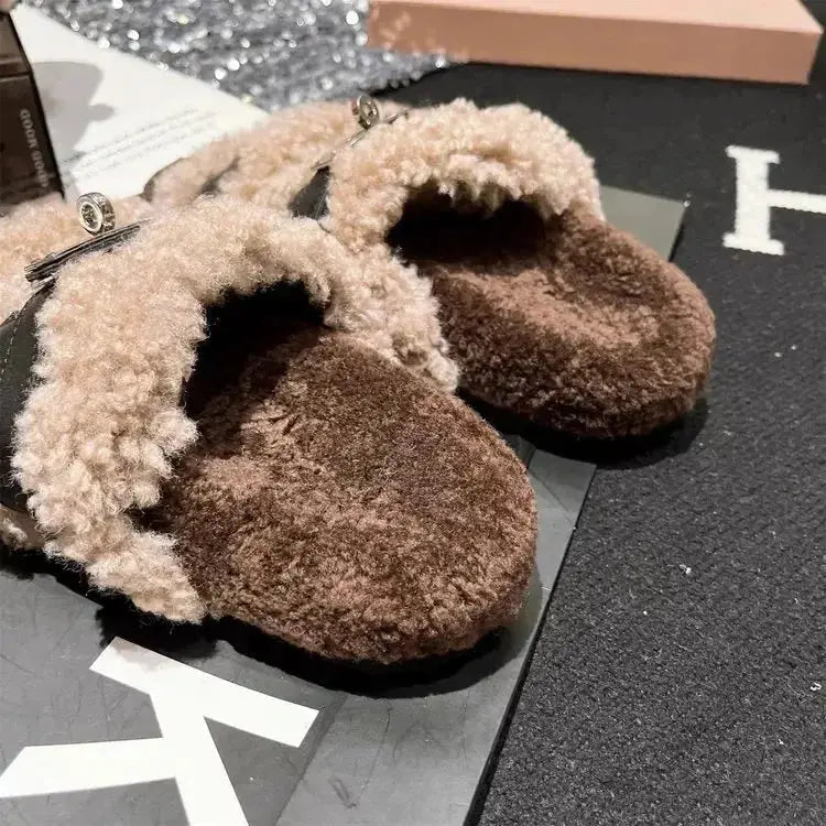 Fuzzy faux fur buckle slippers from Plush Fashion Hub with plush material and cozy design for comfortable wear