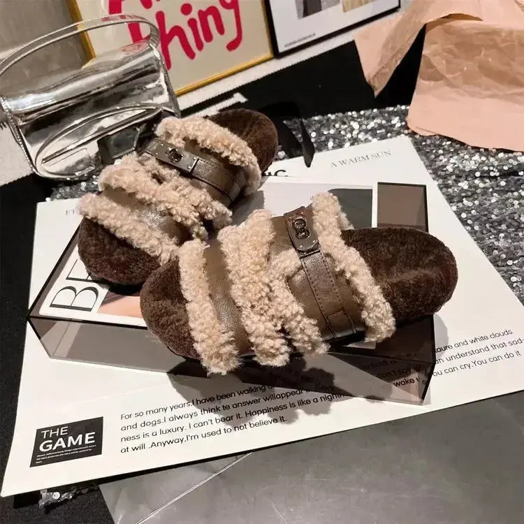 Fuzzy faux fur buckle slippers by Plush Fashion Hub featuring plush interior and cozy sole for comfortable indoor wear.