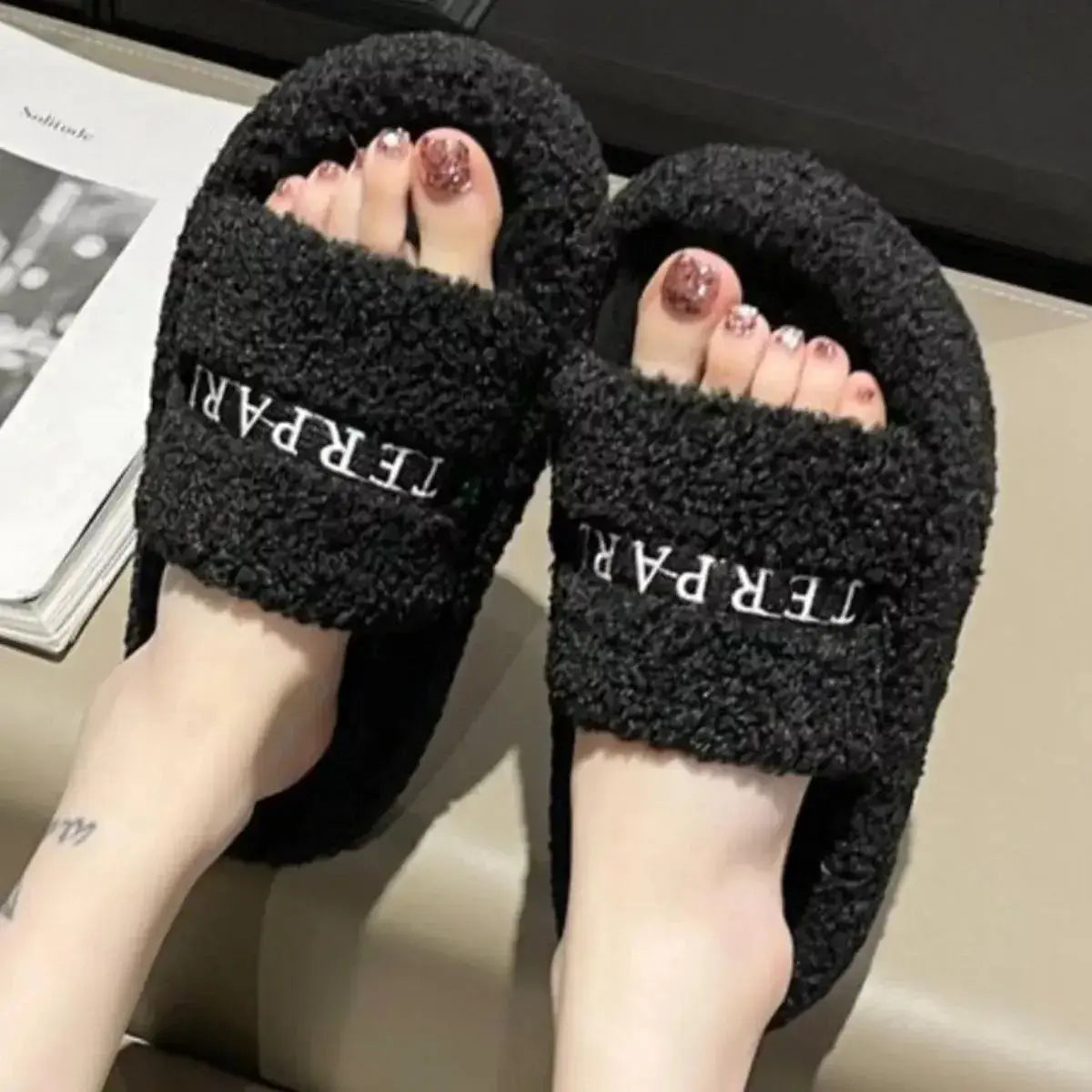 Fuzzy open-toe faux fur slippers for women by Plush Fashion Hub, featuring plush material and cozy design.