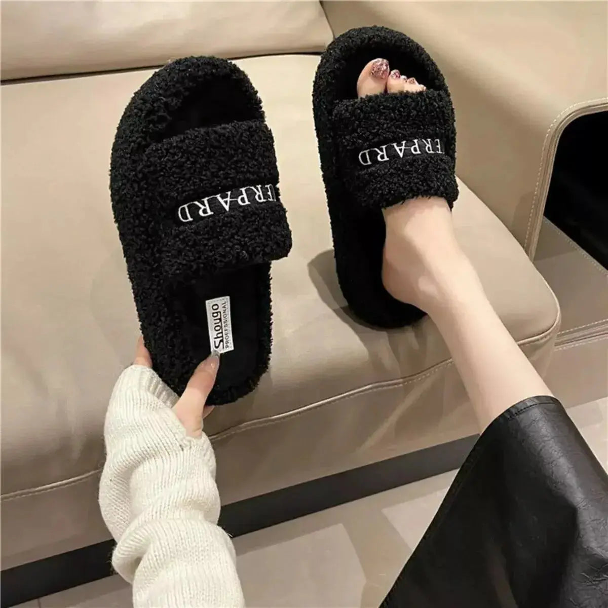 Fuzzy open-toe faux fur slippers for women by Plush Fashion Hub, featuring plush material and cozy design for comfort and style.