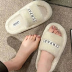 Fuzzy open-toe faux fur slippers for women by Plush Fashion Hub, showcasing plush material and cozy design.