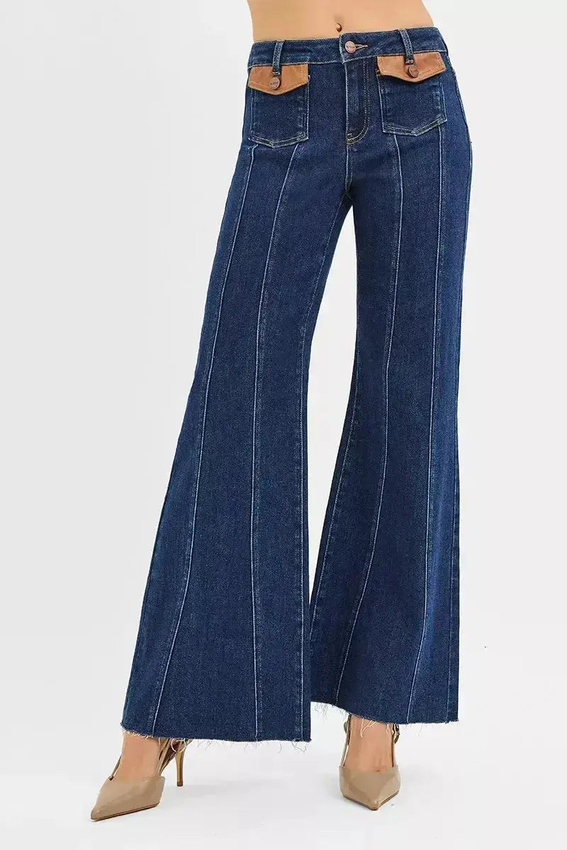 RISEN High Rise Wide Flare Jeans with Front Leather Pocket Detail - Plush Fashion Hub
