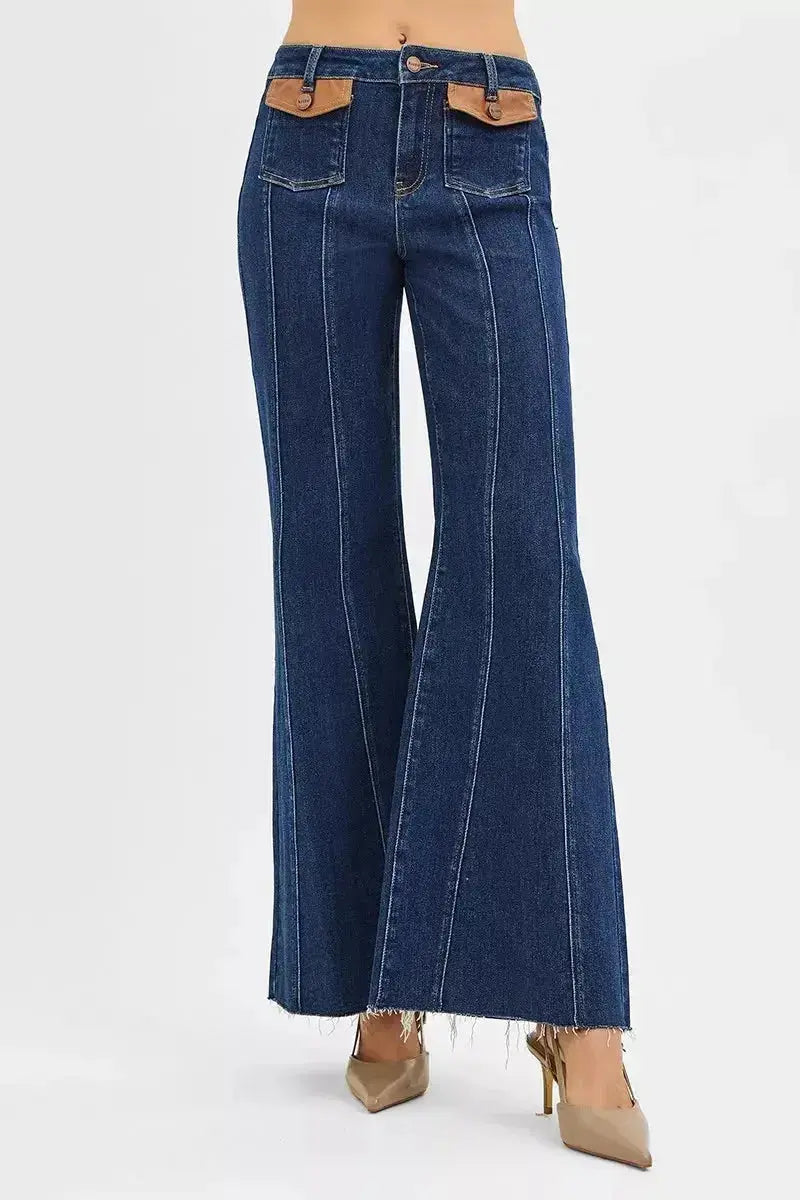 RISEN High Rise Wide Flare Jeans with Front Leather Pocket Detail - Plush Fashion Hub