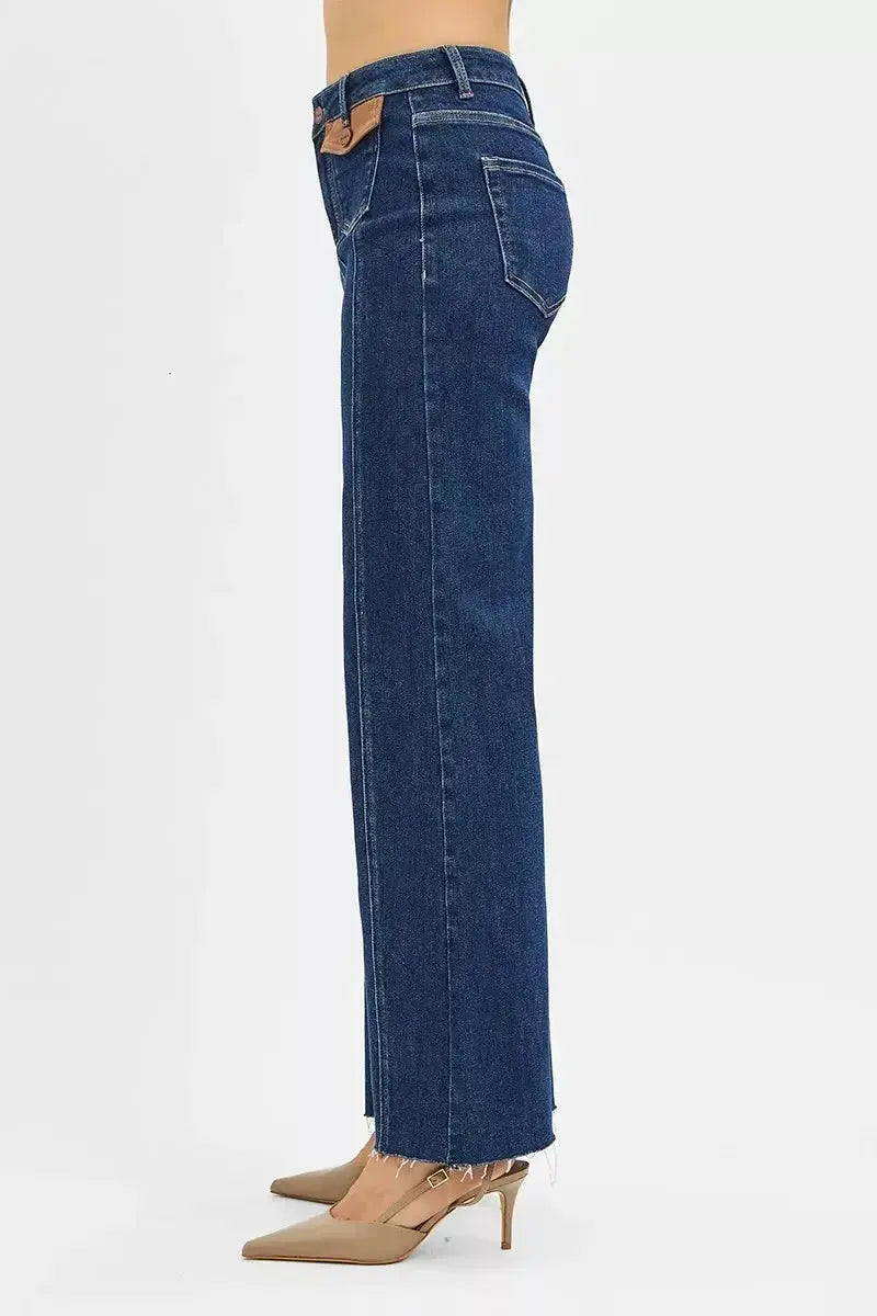 RISEN High Rise Wide Flare Jeans with Front Leather Pocket Detail - Plush Fashion Hub