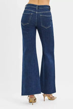 RISEN High Rise Wide Flare Jeans with Front Leather Pocket Detail - Plush Fashion Hub