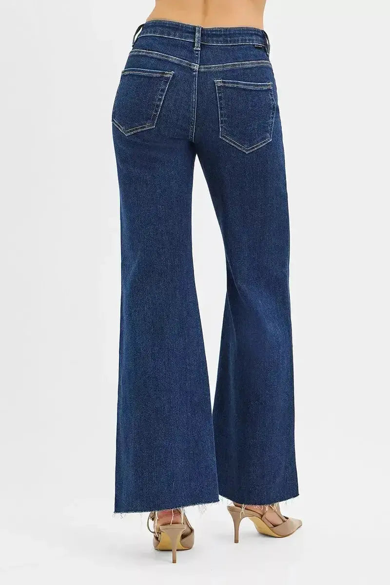 RISEN High Rise Wide Flare Jeans with Front Leather Pocket Detail - Plush Fashion Hub