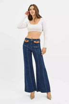 RISEN High Rise Wide Flare Jeans with Front Leather Pocket Detail - Plush Fashion Hub