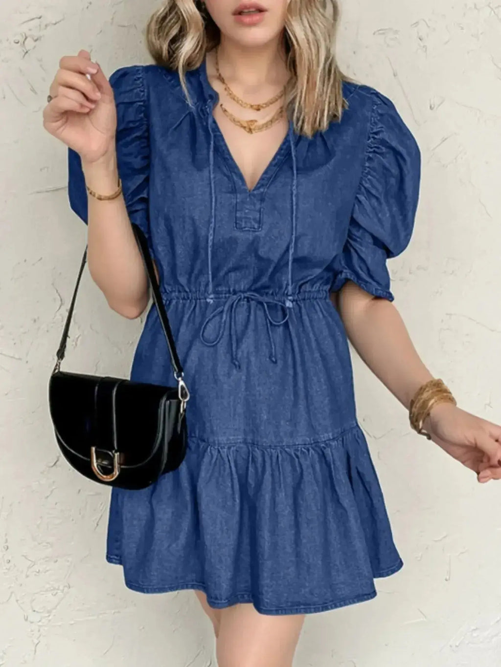 Drawstring High Waist Puff Sleeve Denim Mini Dress - Plush Fashion Hub