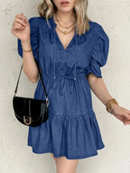 Drawstring High Waist Puff Sleeve Denim Mini Dress - Plush Fashion Hub