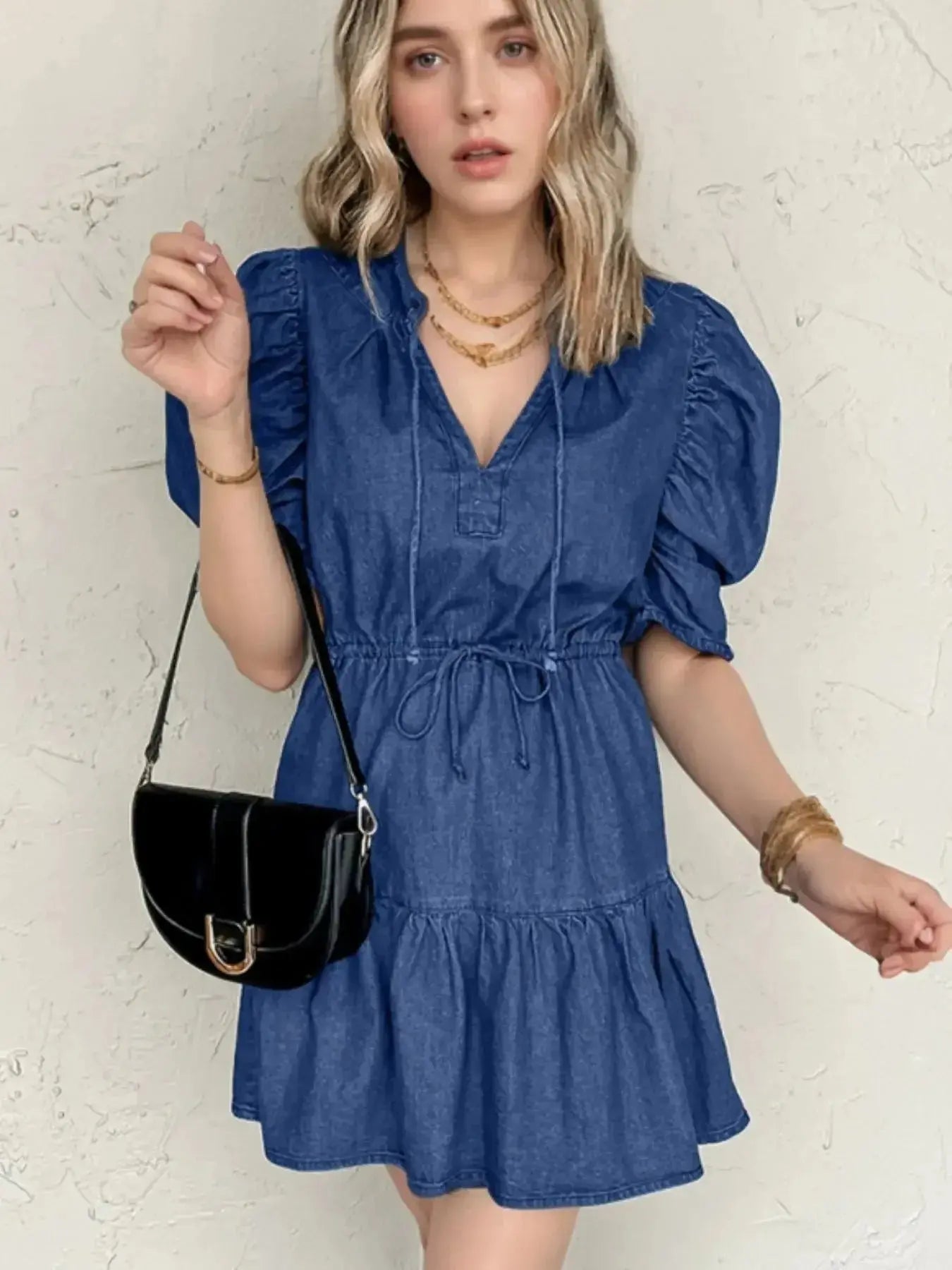 Drawstring High Waist Puff Sleeve Denim Mini Dress - Plush Fashion Hub