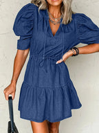 Drawstring High Waist Puff Sleeve Denim Mini Dress - Plush Fashion Hub
