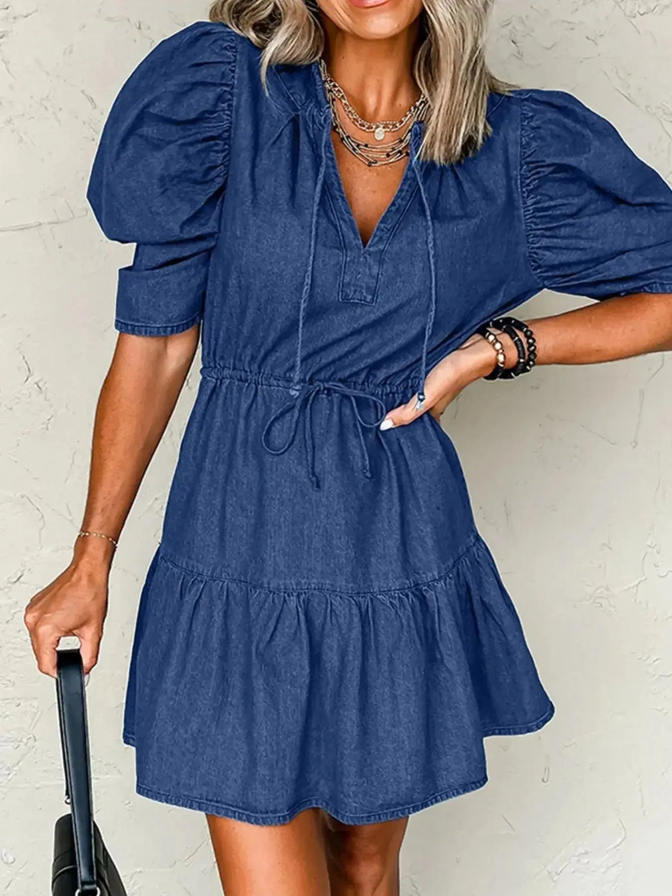 Drawstring High Waist Puff Sleeve Denim Mini Dress - Plush Fashion Hub