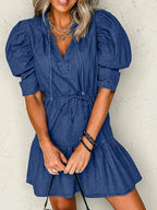 Drawstring High Waist Puff Sleeve Denim Mini Dress - Plush Fashion Hub